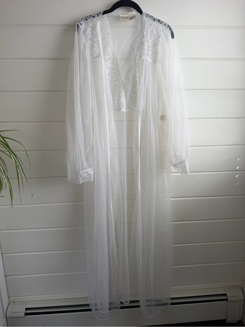 Vintage White Sheer Bridal Maxi Peignoir Robe Lace Yoke & Cuffs Floor Length 2X